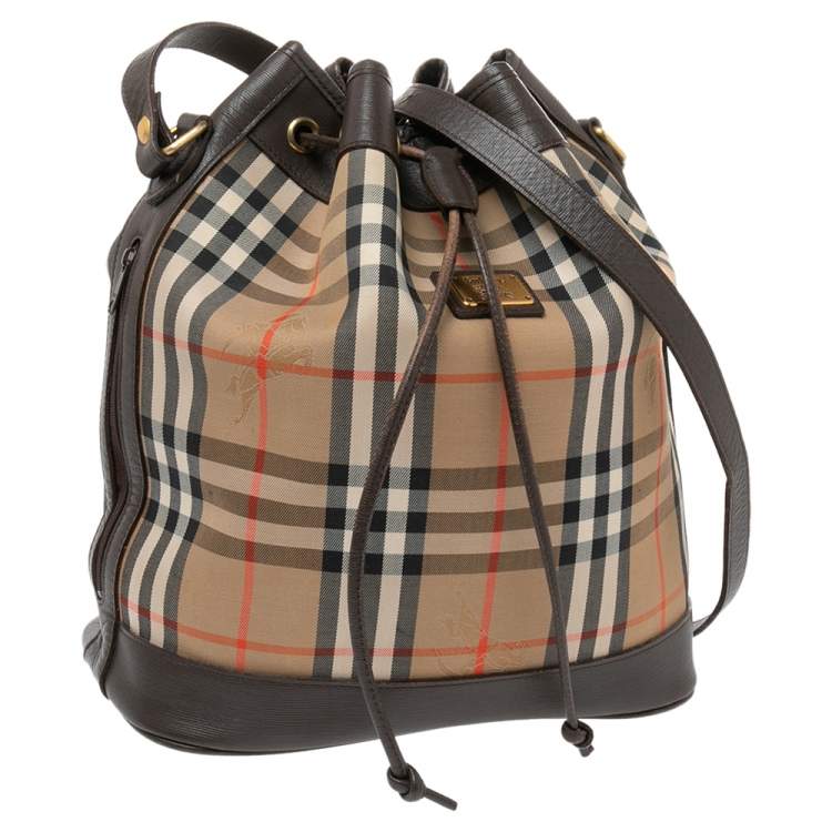 Pre Owned Burberry Brown/Beige Haymarket Canvas and Leather Vintage Drawstring Bucket Bag