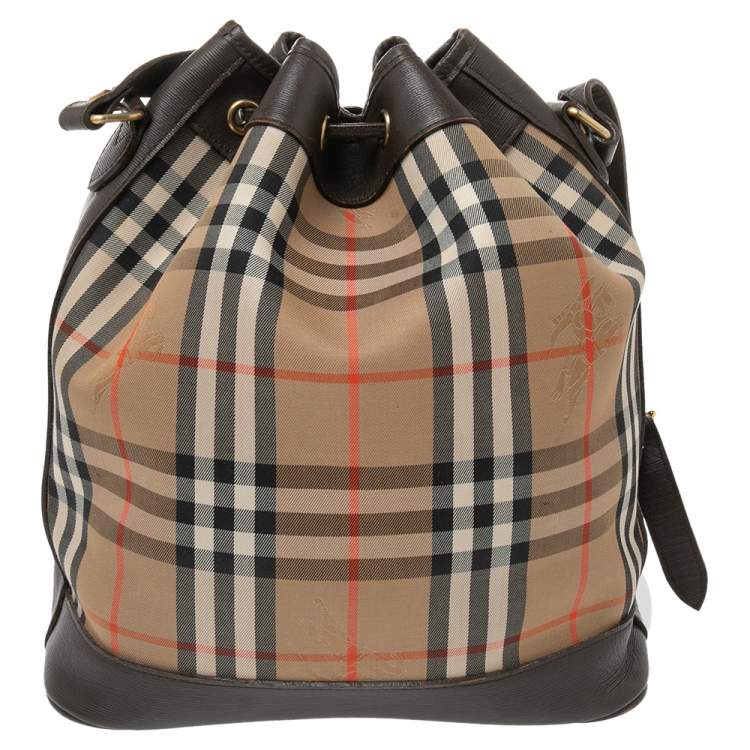 Pre Owned Burberry Brown/Beige Haymarket Canvas and Leather Vintage Drawstring Bucket Bag