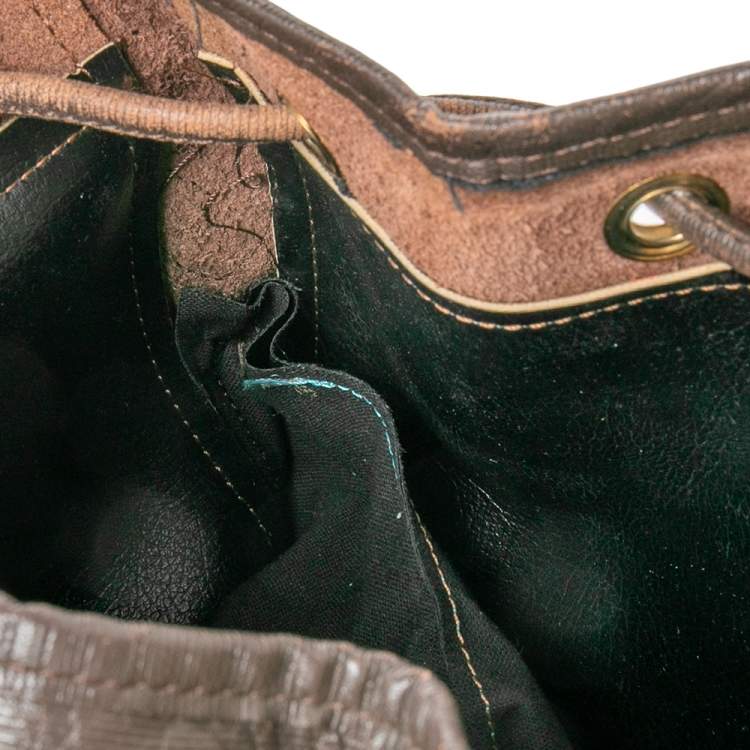 Pre Owned Burberry Brown/Beige Haymarket Canvas and Leather Vintage Drawstring Bucket Bag