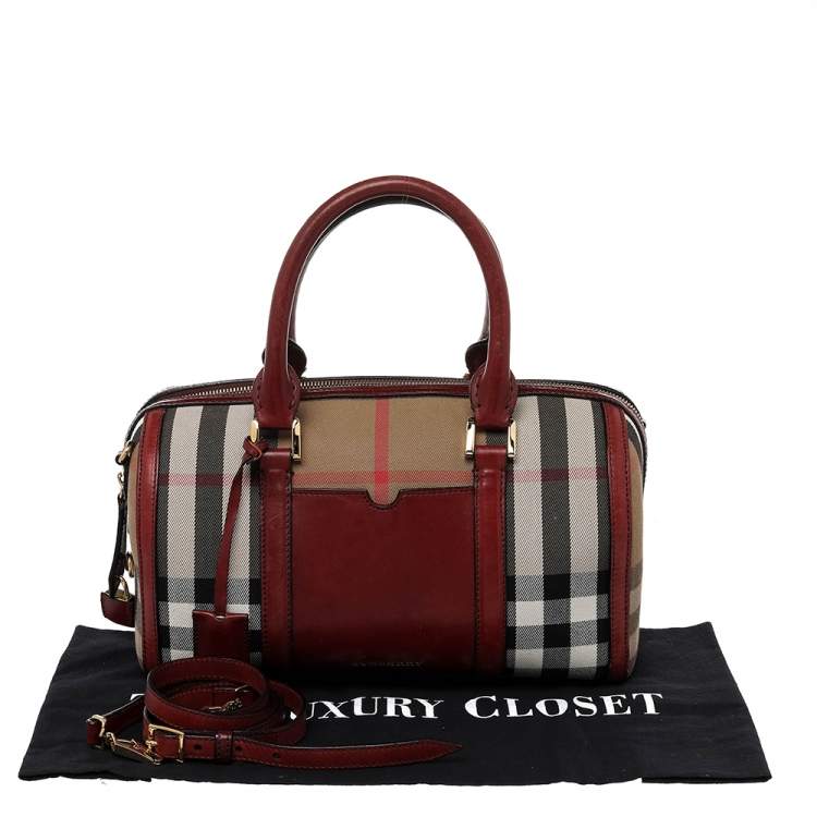 Pre Owned Burberry Beige/Burgundy House Check Canvas and Leather Sartorial Bowler Bag