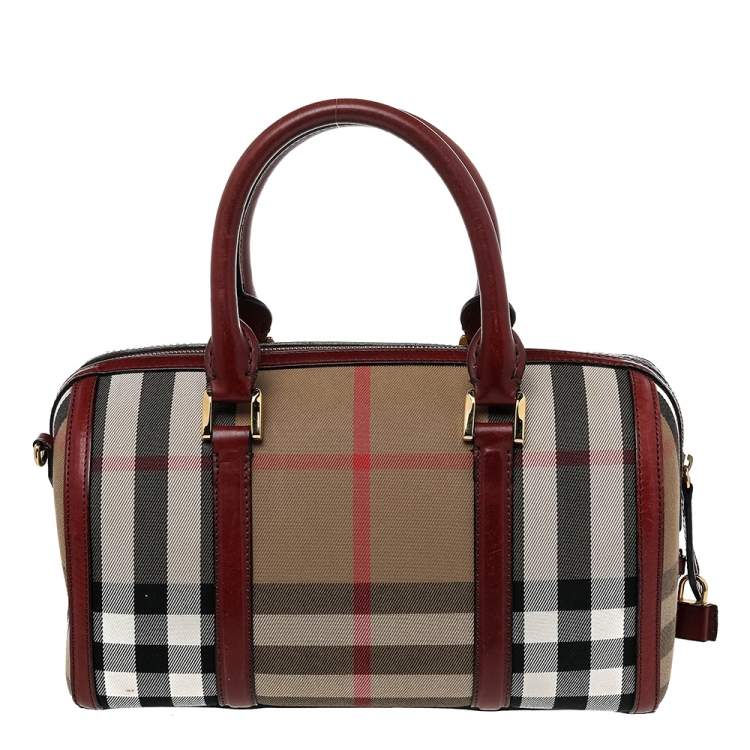 Pre Owned Burberry Beige/Burgundy House Check Canvas and Leather Sartorial Bowler Bag