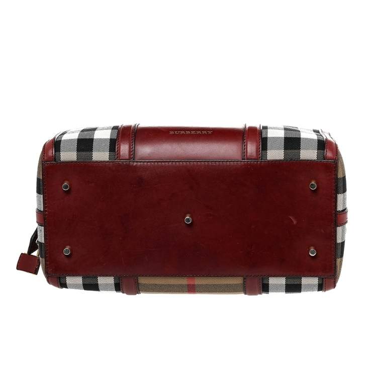 Pre Owned Burberry Beige/Burgundy House Check Canvas and Leather Sartorial Bowler Bag