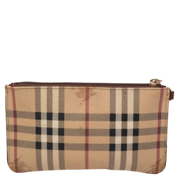 Pre Owned Burberry Beige/Brown Haymarket Check Coated Canvas and Leather Wristlet Clutch