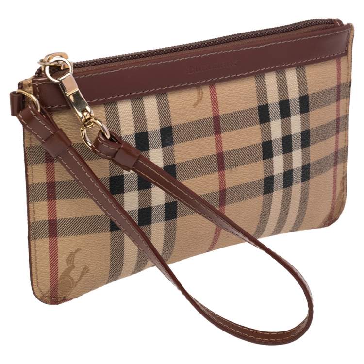 Pre Owned Burberry Beige/Brown Haymarket Check Coated Canvas and Leather Wristlet Clutch