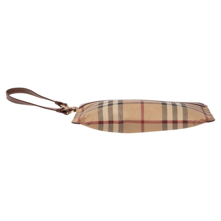 Pre Owned Burberry Beige/Brown Haymarket Check Coated Canvas and Leather Wristlet Clutch