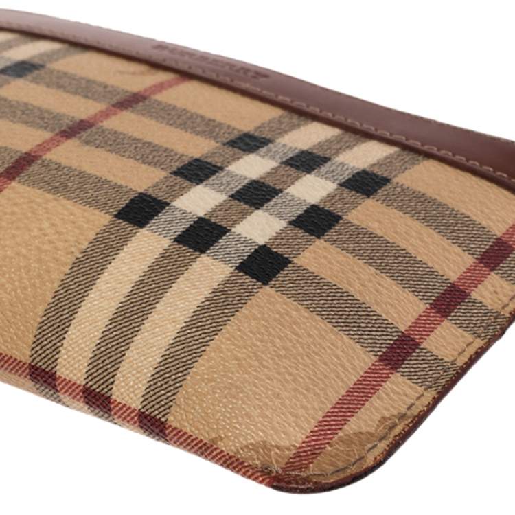 Pre Owned Burberry Beige/Brown Haymarket Check Coated Canvas and Leather Wristlet Clutch