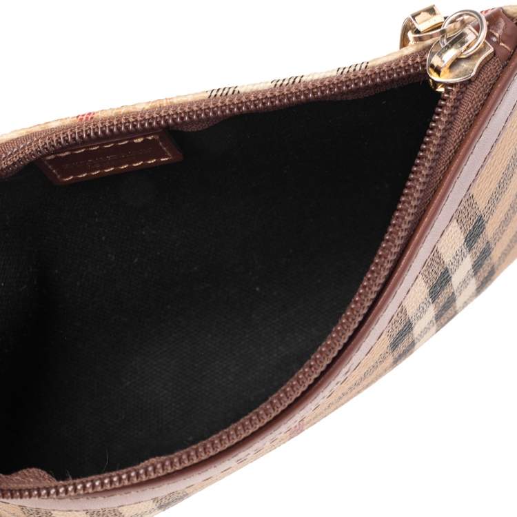 Pre Owned Burberry Beige/Brown Haymarket Check Coated Canvas and Leather Wristlet Clutch