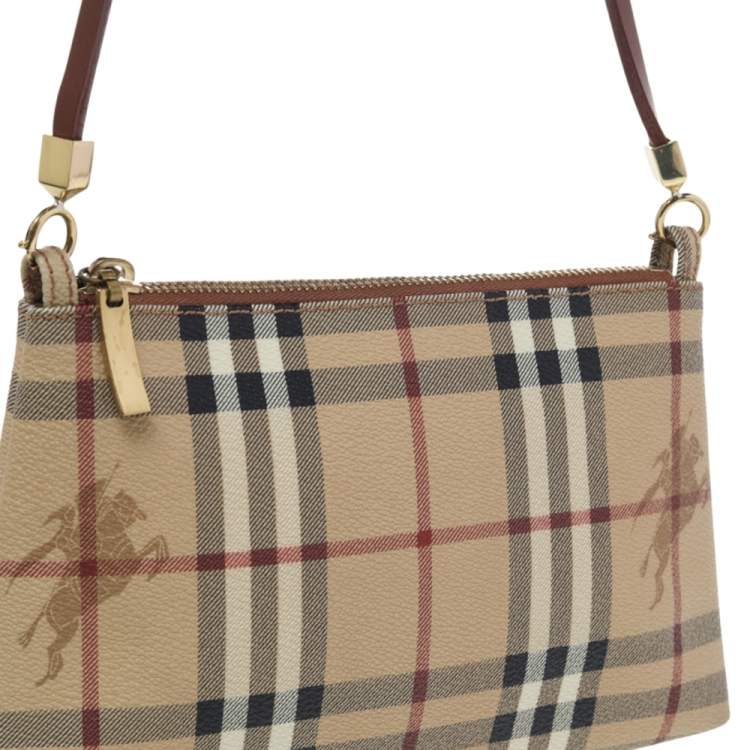 Pre Owned Burberry Beige/Red Haymarket Check PVC and Leather Pochette Bag