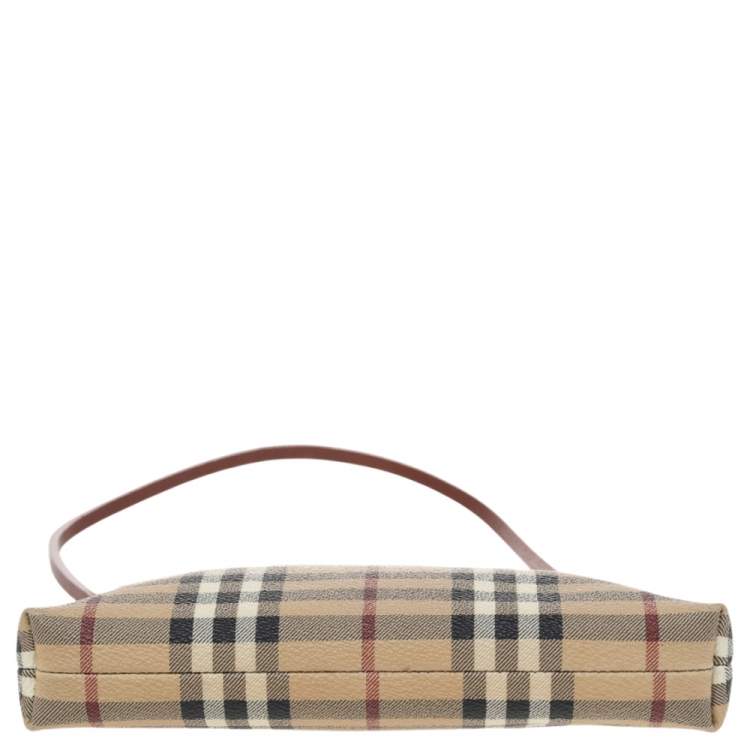 Pre Owned Burberry Beige/Red Haymarket Check PVC and Leather Pochette Bag