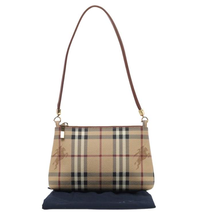 Pre Owned Burberry Beige/Red Haymarket Check PVC and Leather Pochette Bag