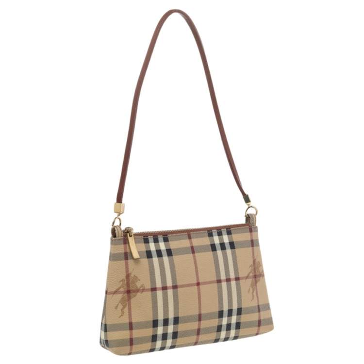 Pre Owned Burberry Beige/Red Haymarket Check PVC and Leather Pochette Bag