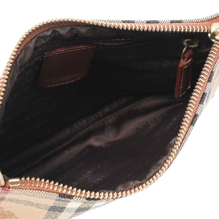 Pre Owned Burberry Beige/Red Haymarket Check PVC and Leather Pochette Bag