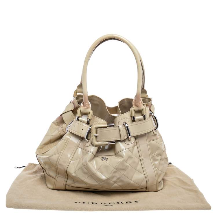 Pre Owned Burberry Cream Quilted Patent Leather Beaton Tote