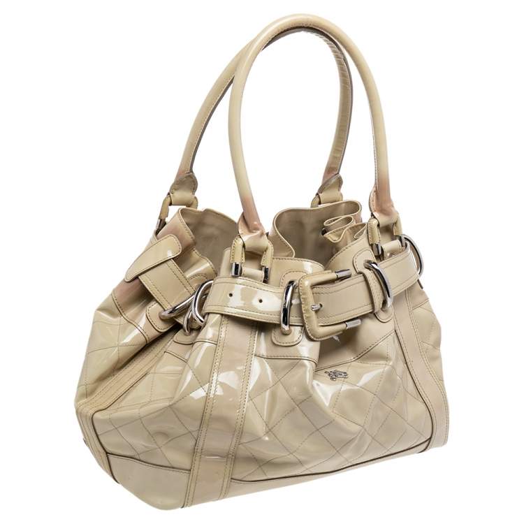Pre Owned Burberry Cream Quilted Patent Leather Beaton Tote