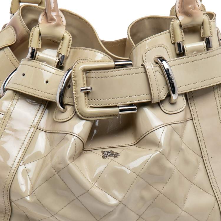 Pre Owned Burberry Cream Quilted Patent Leather Beaton Tote