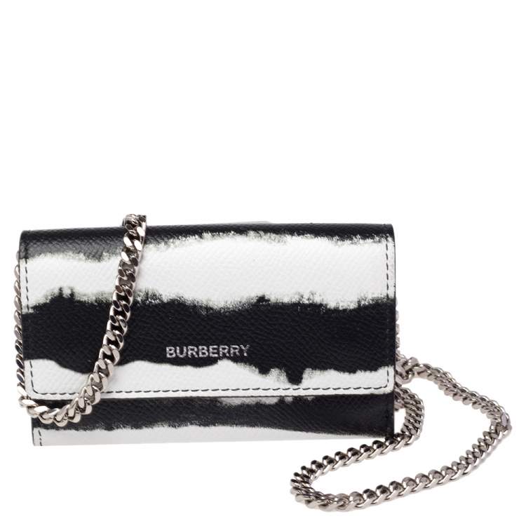 Pre Owned Burberry Black/White Leather Card Case On Detachable Chain