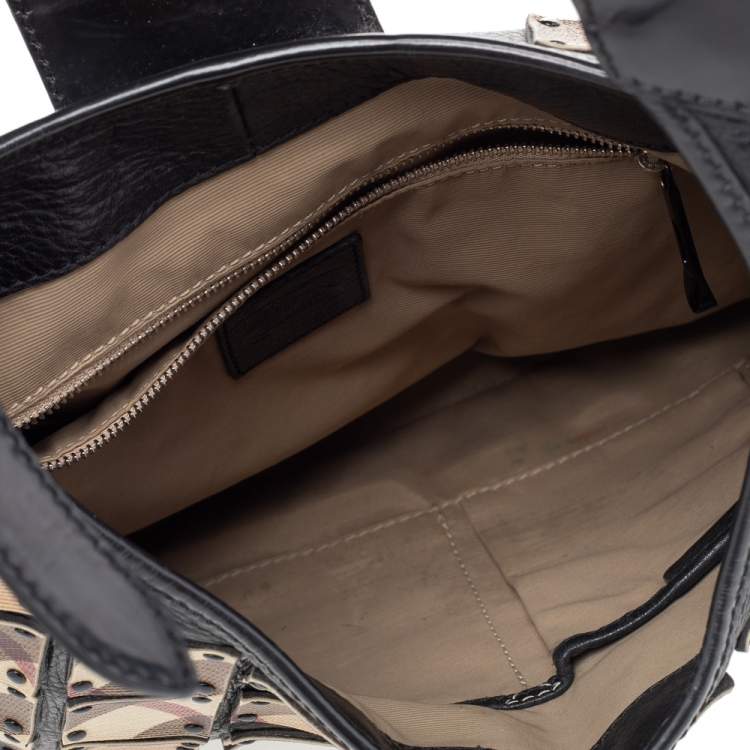 Pre Owned Burberry Beige/Black Nova Check Canvas And Leather Studded Brooke Warrior Hobo