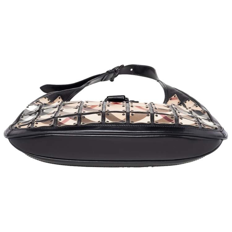 Pre Owned Burberry Beige/Black Nova Check Canvas And Leather Studded Brooke Warrior Hobo
