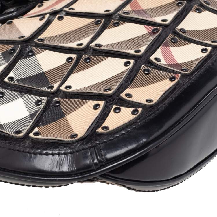 Pre Owned Burberry Beige/Black Nova Check Canvas And Leather Studded Brooke Warrior Hobo