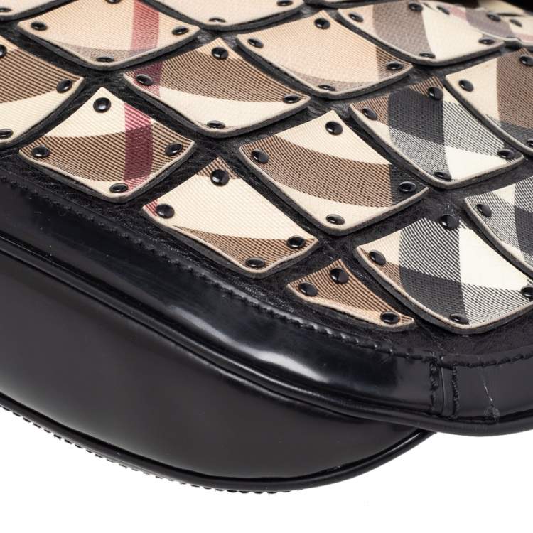 Pre Owned Burberry Beige/Black Nova Check Canvas And Leather Studded Brooke Warrior Hobo