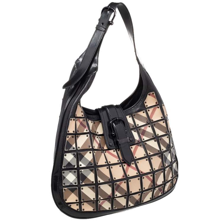 Pre Owned Burberry Beige/Black Nova Check Canvas And Leather Studded Brooke Warrior Hobo