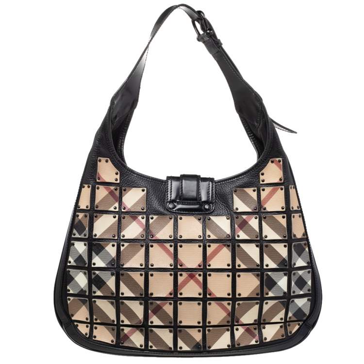 Pre Owned Burberry Beige/Black Nova Check Canvas And Leather Studded Brooke Warrior Hobo