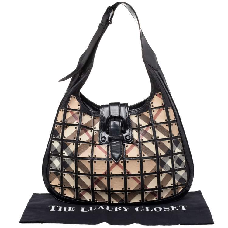 Pre Owned Burberry Beige/Black Nova Check Canvas And Leather Studded Brooke Warrior Hobo