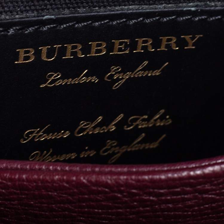 Pre Owned Burberry Burgundy/Beige Leather and House Check Canvas Small Camberley Top Handle Bag