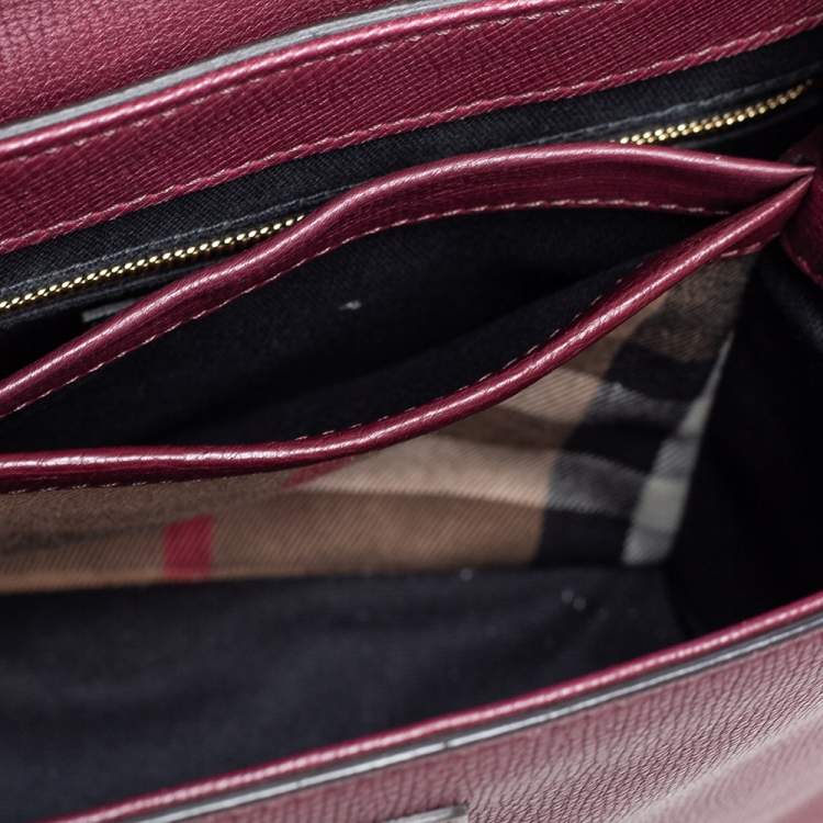 Pre Owned Burberry Burgundy/Beige Leather and House Check Canvas Small Camberley Top Handle Bag