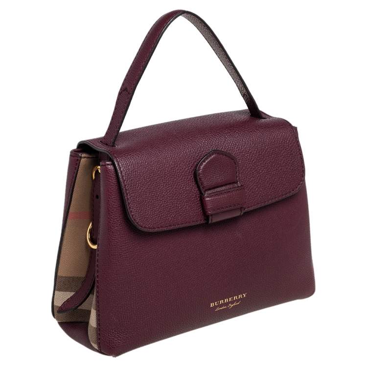 Pre Owned Burberry Burgundy/Beige Leather and House Check Canvas Small Camberley Top Handle Bag