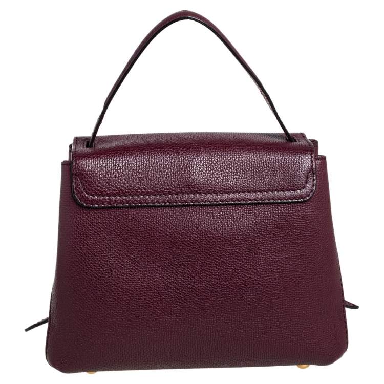 Pre Owned Burberry Burgundy/Beige Leather and House Check Canvas Small Camberley Top Handle Bag