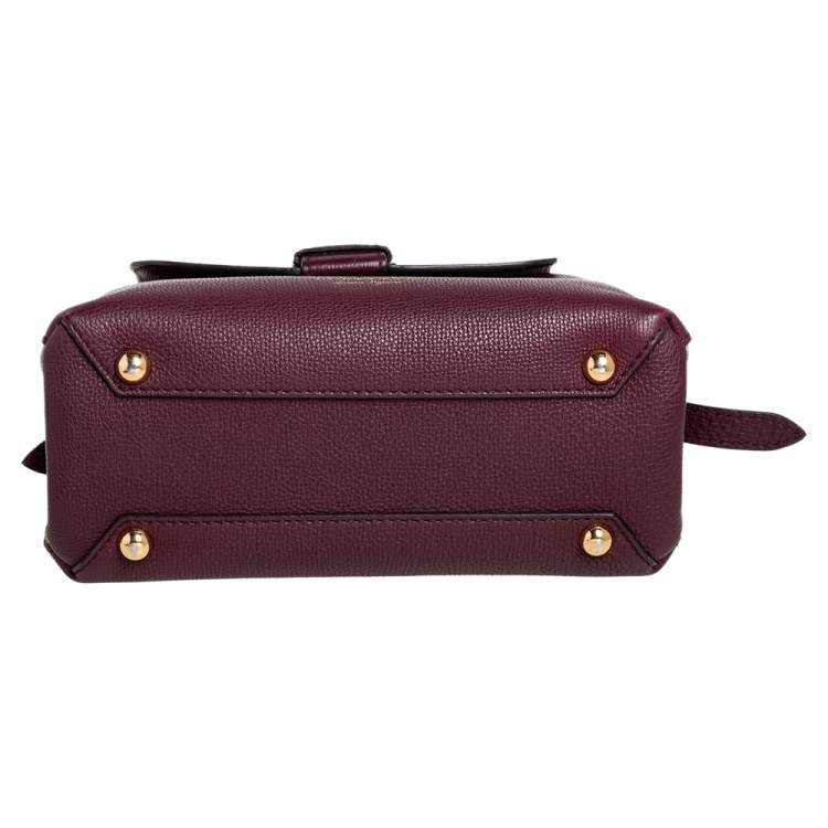 Pre Owned Burberry Burgundy/Beige Leather and House Check Canvas Small Camberley Top Handle Bag