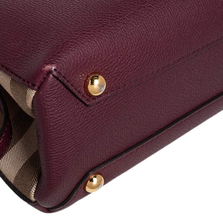 Pre Owned Burberry Burgundy/Beige Leather and House Check Canvas Small Camberley Top Handle Bag