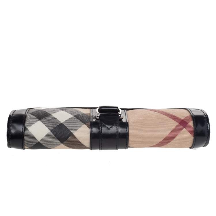 Pre Owned Burberry Beige/Black Nova Check PVC And Leather Wristlet Clutch