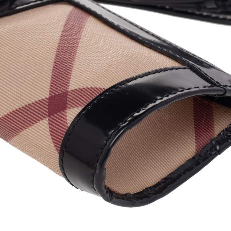 Pre Owned Burberry Beige/Black Nova Check PVC And Leather Wristlet Clutch
