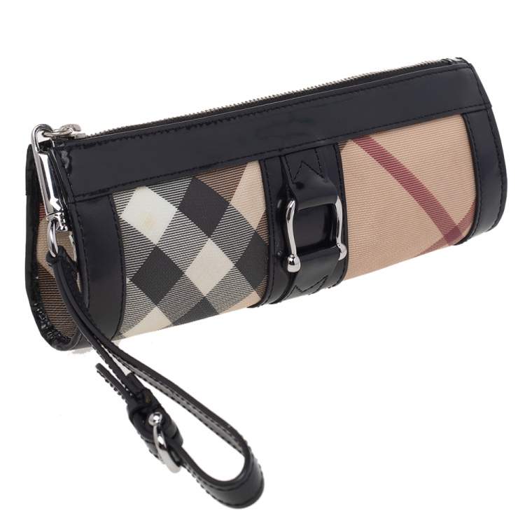 Pre Owned Burberry Beige/Black Nova Check PVC And Leather Wristlet Clutch