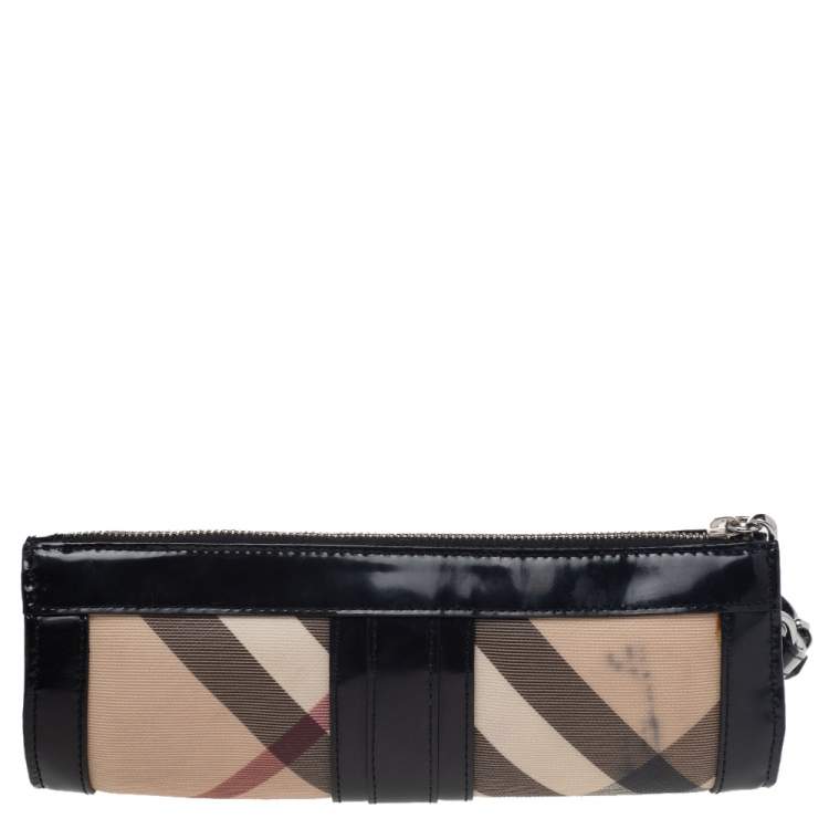 Pre Owned Burberry Beige/Black Nova Check PVC And Leather Wristlet Clutch