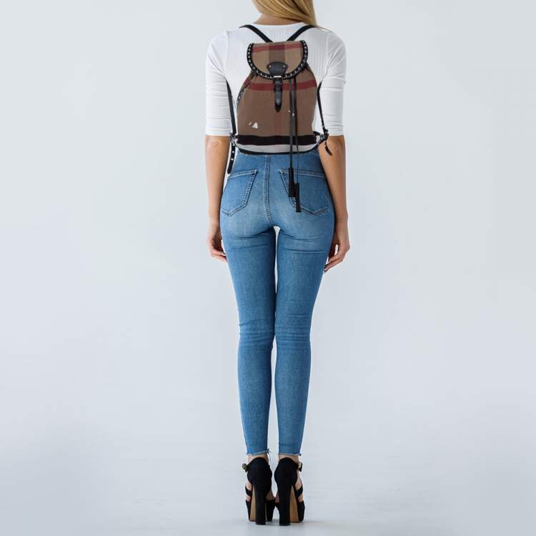 Pre Owned Burberry Beige/Black Exploded Check Canvas and Leather Backpack