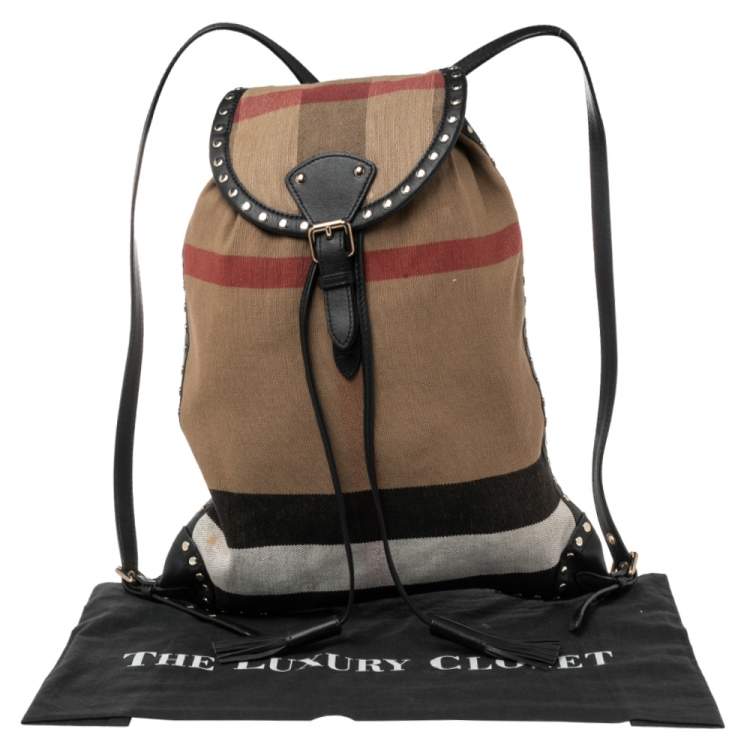 Pre Owned Burberry Beige/Black Exploded Check Canvas and Leather Backpack