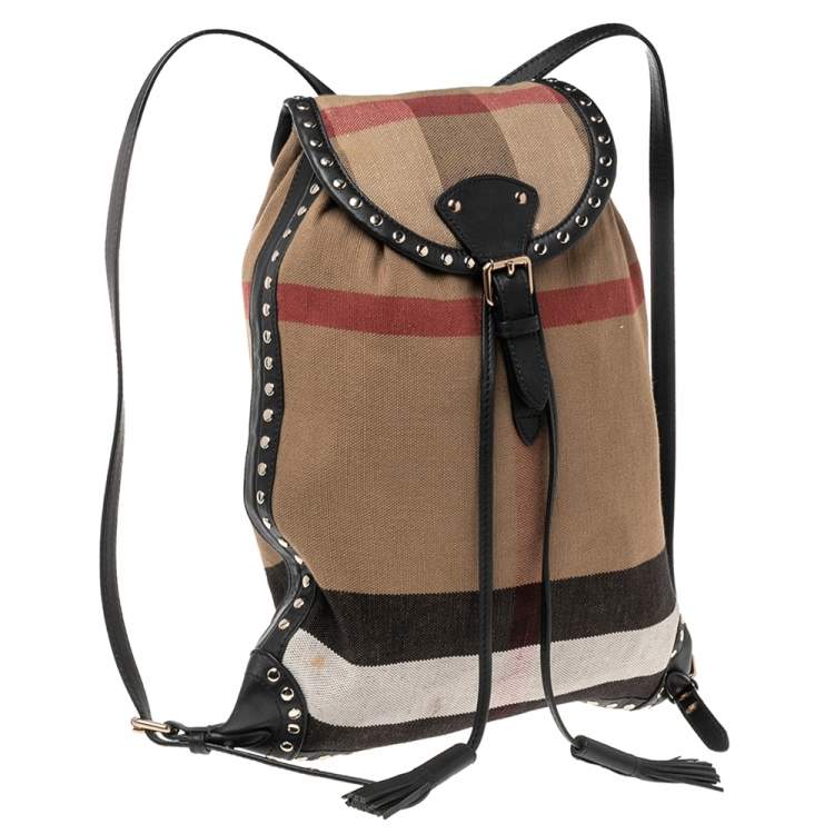 Pre Owned Burberry Beige/Black Exploded Check Canvas and Leather Backpack