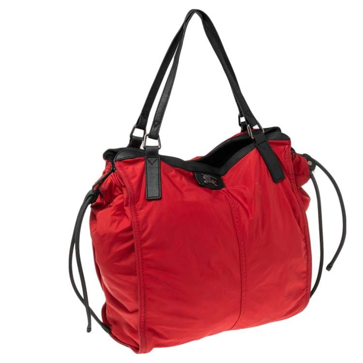 Pre Owned Burberry Red Nylon and Leather Buckleigh Shopper Tote