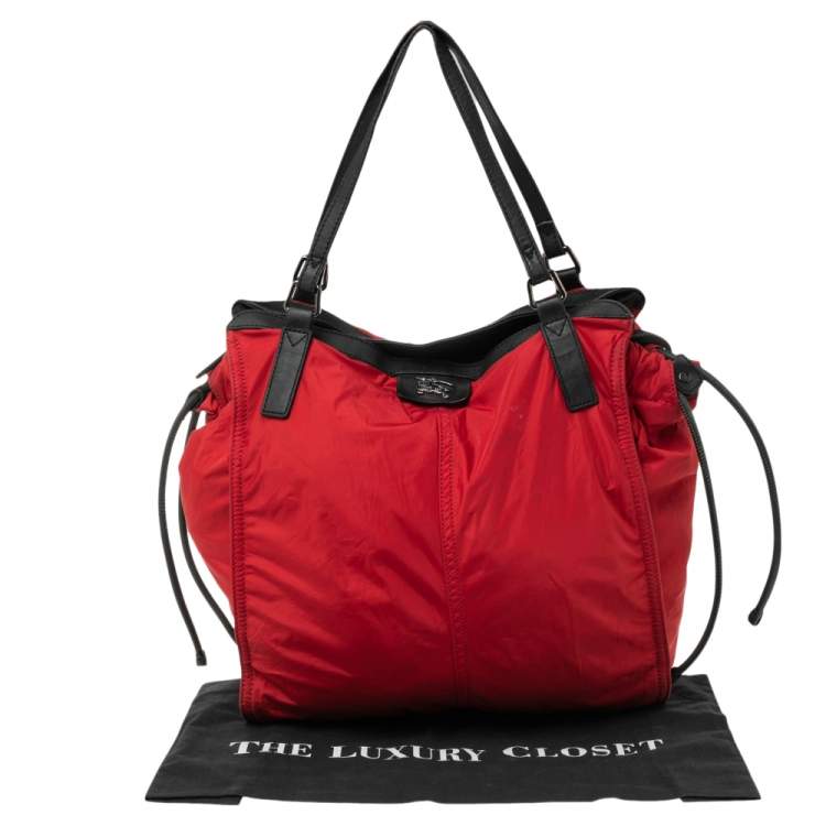 Pre Owned Burberry Red Nylon and Leather Buckleigh Shopper Tote