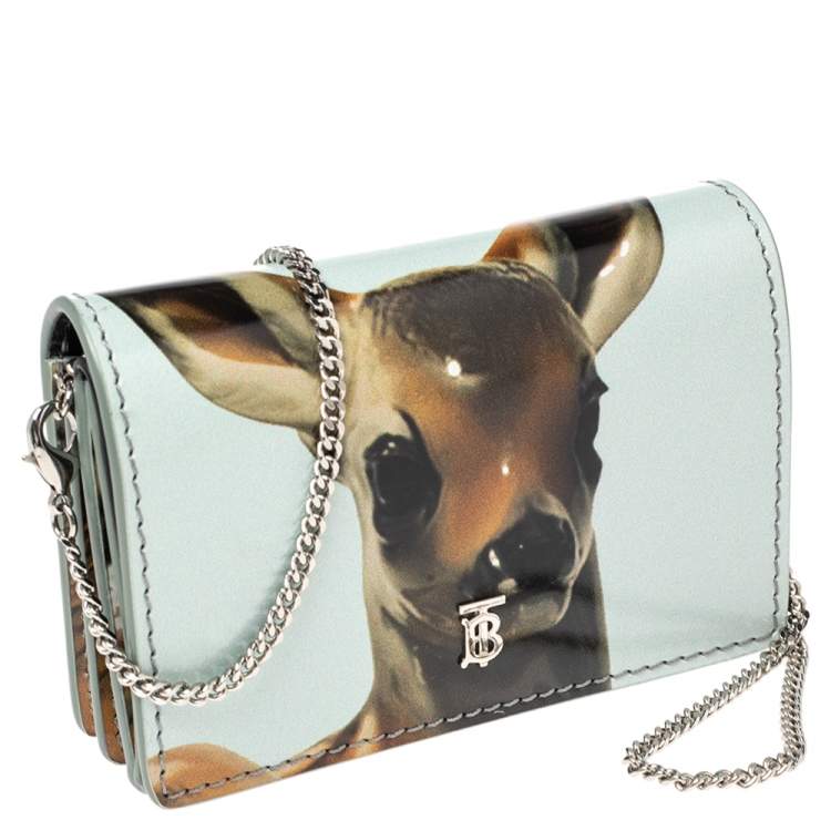 Pre Owned Burberry Light Blue/Brown Leather Bambi Card Case on Detachable Chain