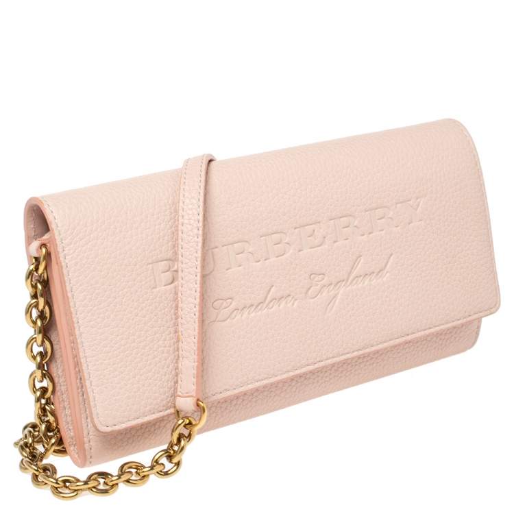Pre Owned Burberry Light Pink Grained Leather Henley Wallet on Chain