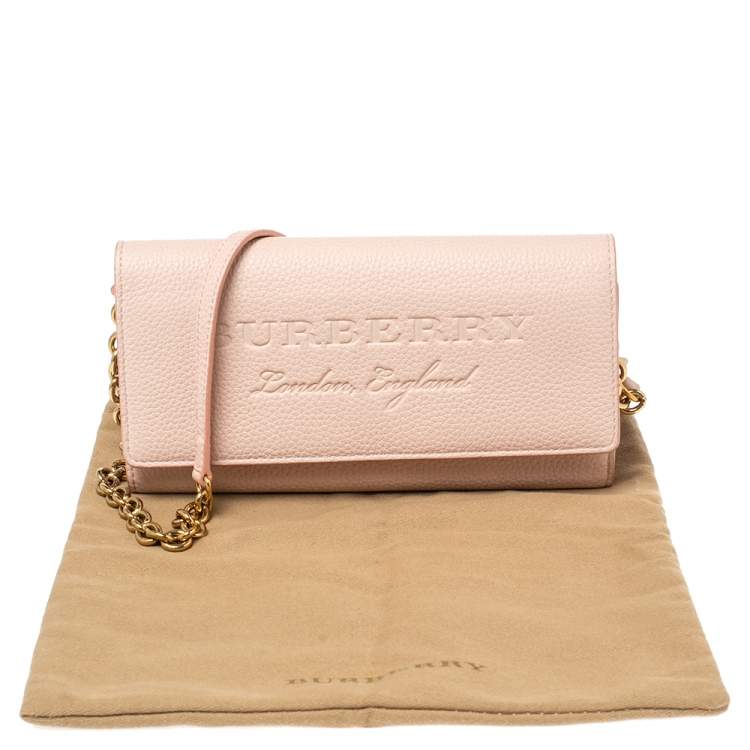 Pre Owned Burberry Light Pink Grained Leather Henley Wallet on Chain