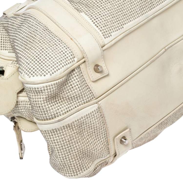 Pre Owned Burberry Off White Leather Studded Ashbury Knight Satchel