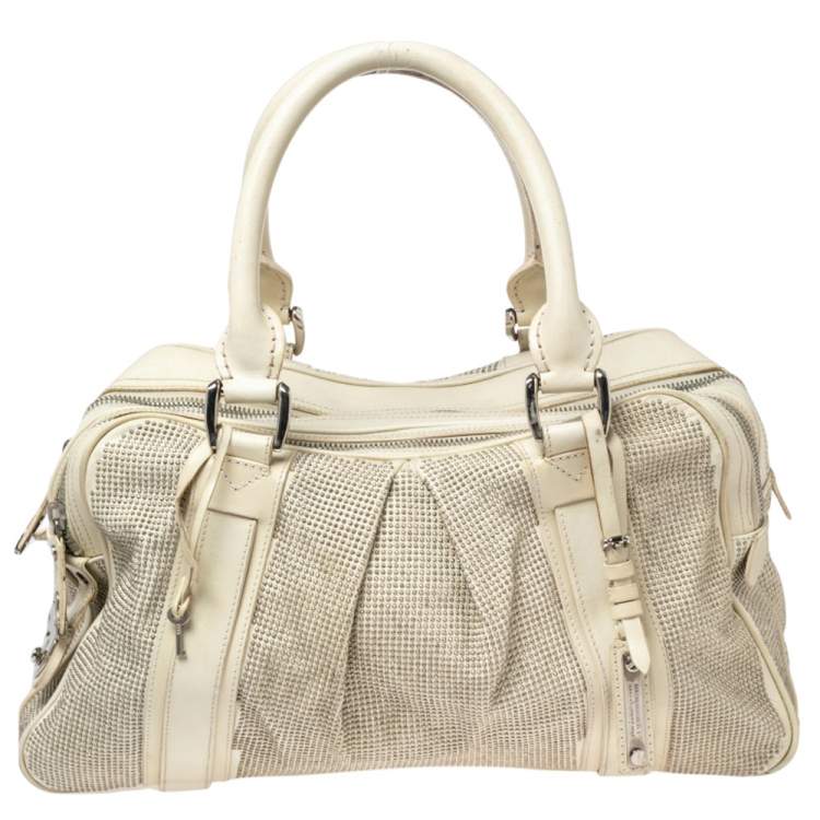 Pre Owned Burberry Off White Leather Studded Ashbury Knight Satchel