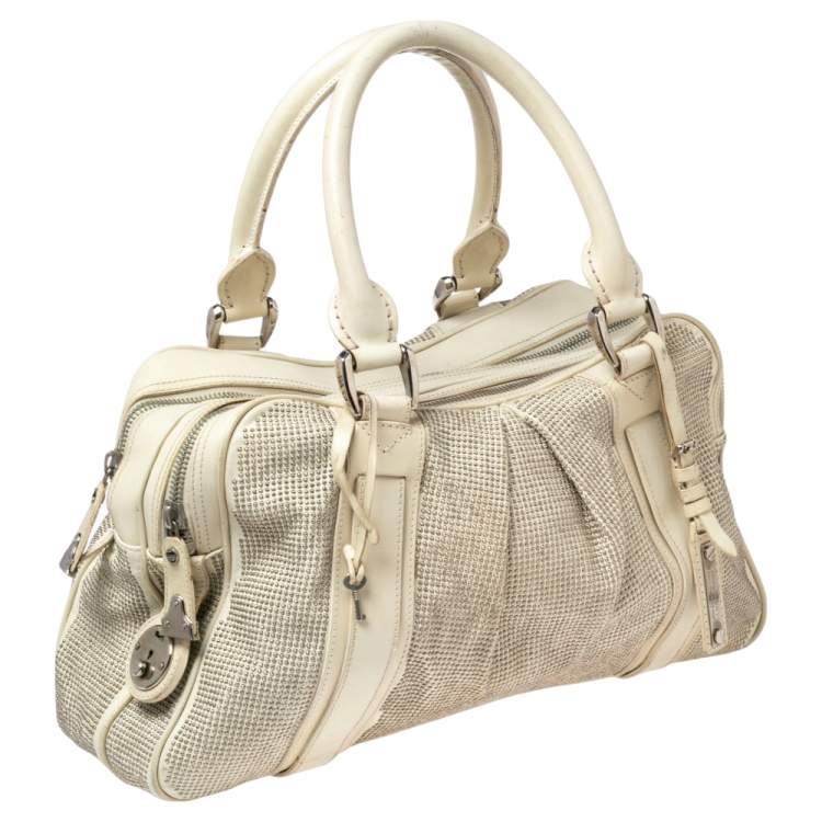 Pre Owned Burberry Off White Leather Studded Ashbury Knight Satchel