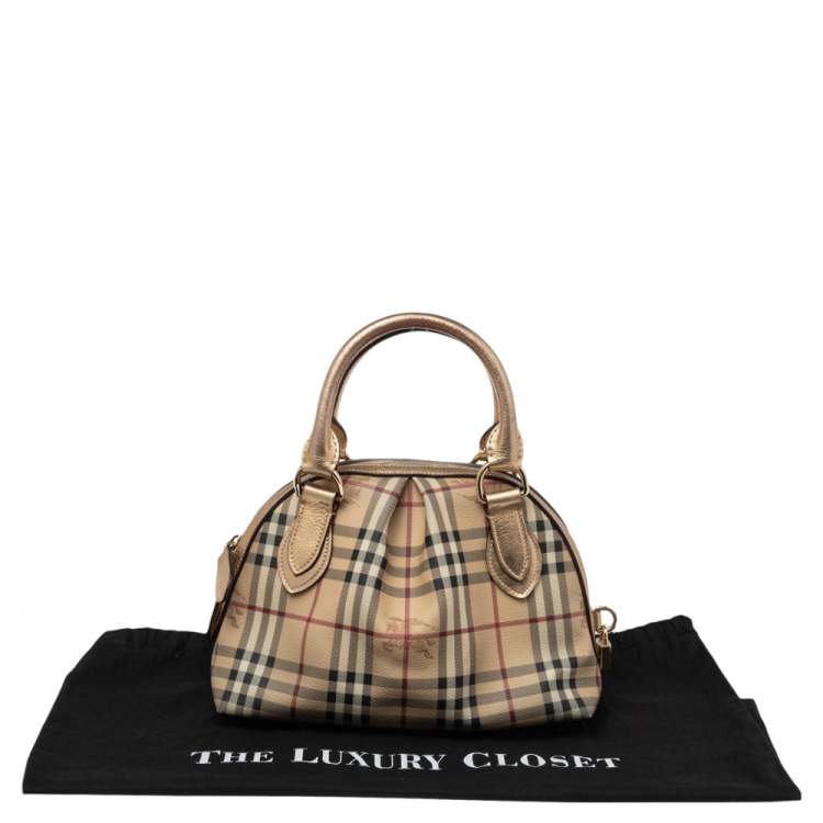 Pre Owned Burberry Beige/Metallic Gold Haymarket Check PVC and Leather Thornley Bowler Bag