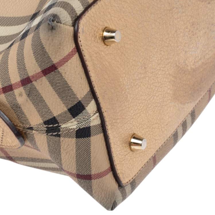 Pre Owned Burberry Beige/Metallic Gold Haymarket Check PVC and Leather Thornley Bowler Bag